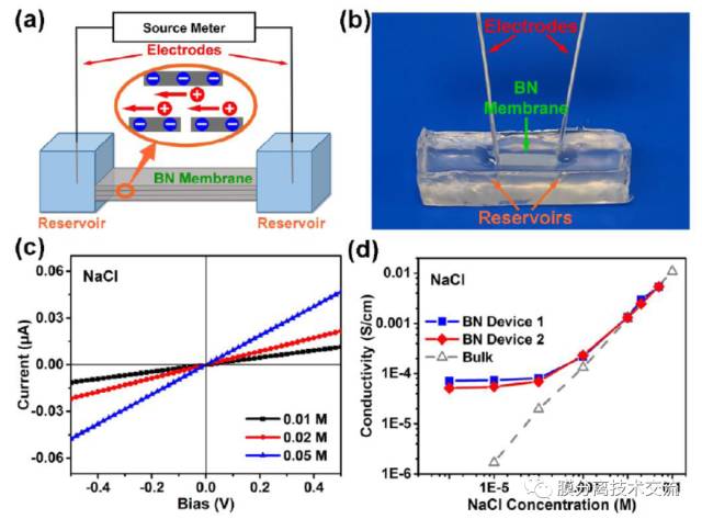 a)BN導管和測試裝置的示意圖；b)BN導管置于聚二甲基硅氧烷中；c)在NaCl濃度為0.01，0.02，0.05M下的I-V曲線；d)BN導管裝置和PH7溶液中的離子電導率和NaCl濃度函數